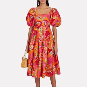 Farm Rio x Anthropologie Fruit Brush Puff Sleeve Midi Dress In Pink Combo
